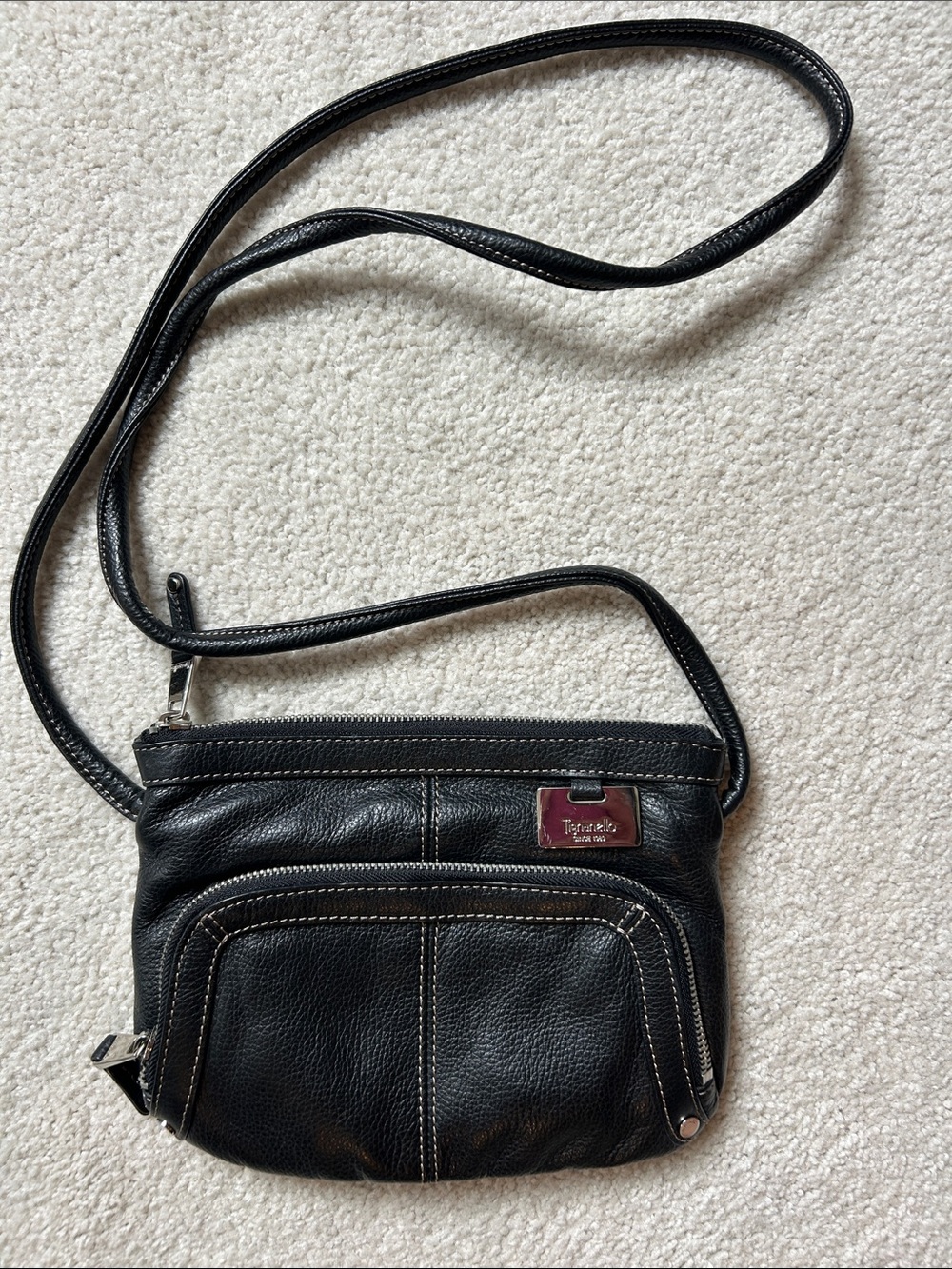 Vintage Tignanello Black Leather Crossbody Bag with Silver Plaque